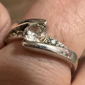 Vintage ring, silver tone, raised, fun, rhinestones, accented, size 6 5